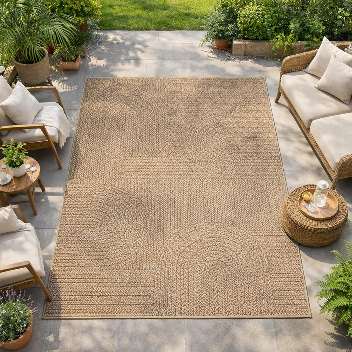 Tapis extérieur intérieur LYN13 REZA aspect jute motif arc-en-ciel ton sur ton beige, UN AMOUR DE TAPIS