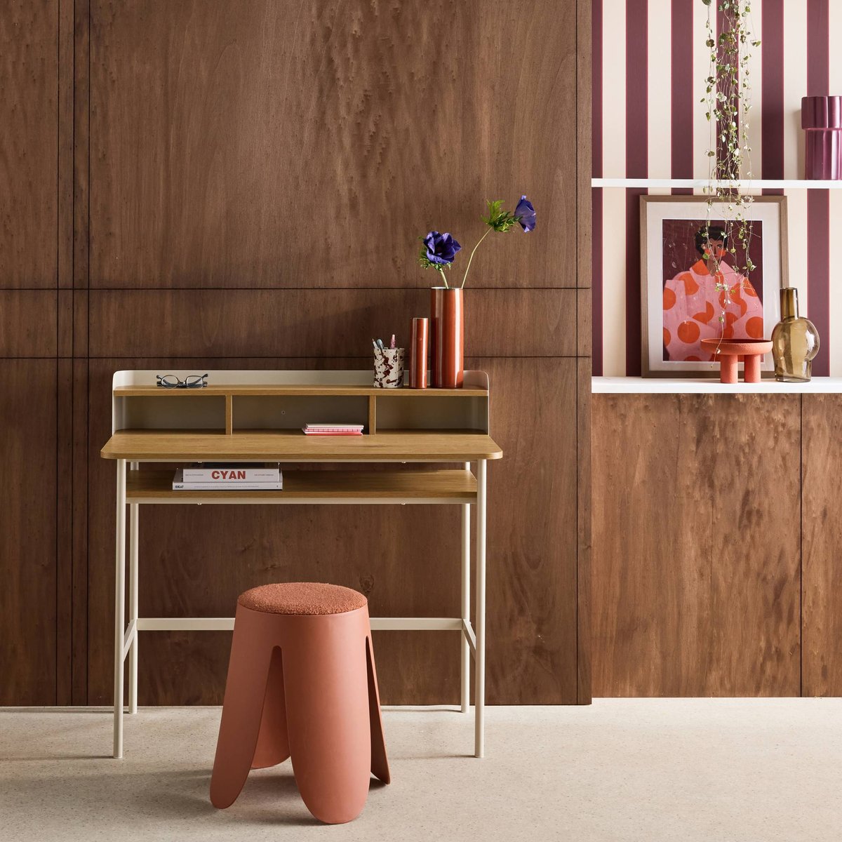 Bureau métal et décor bois 3 niches MOLTO beige, SWEEEK
