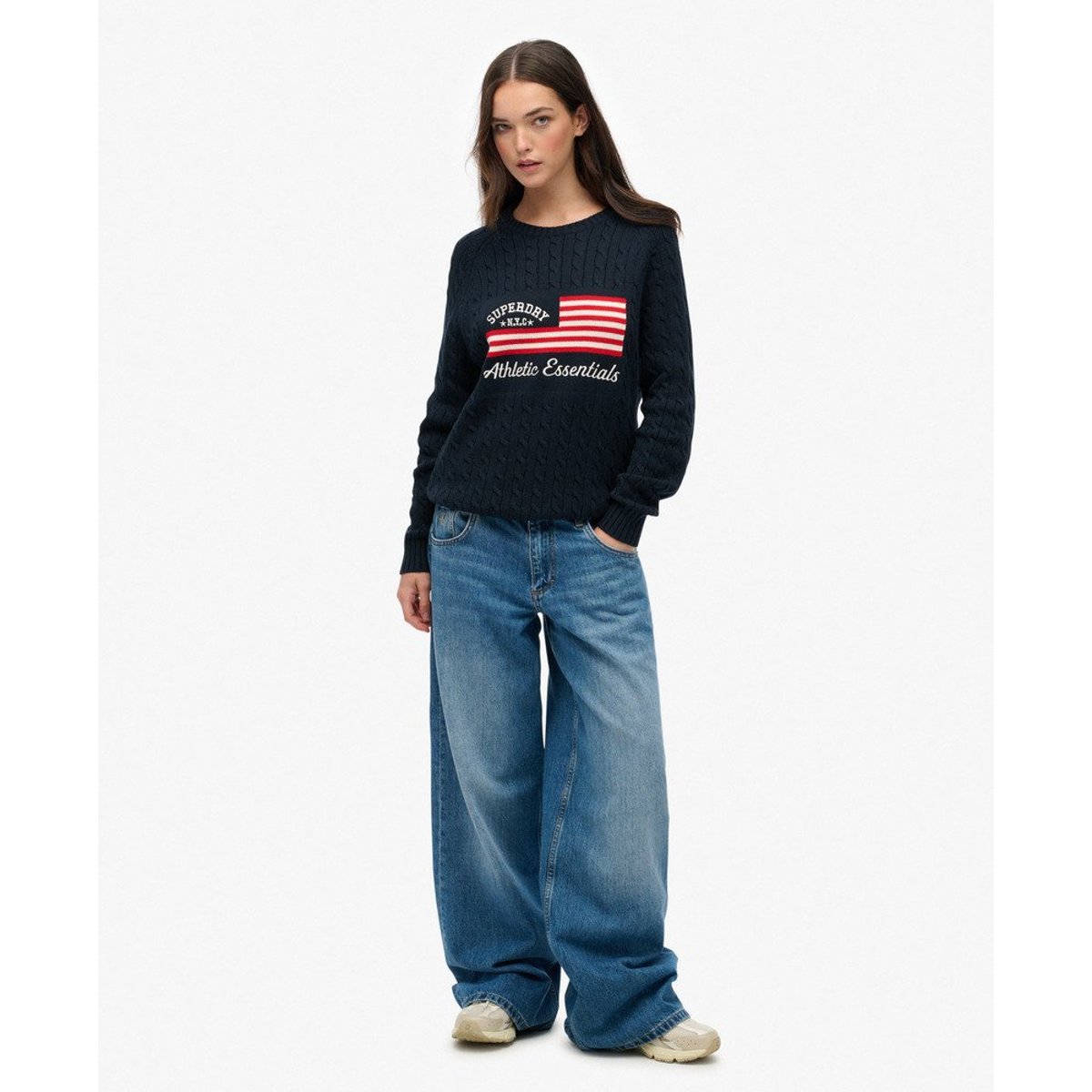Pull ample en maille torsadée Flag bleu marine profond, SUPERDRY