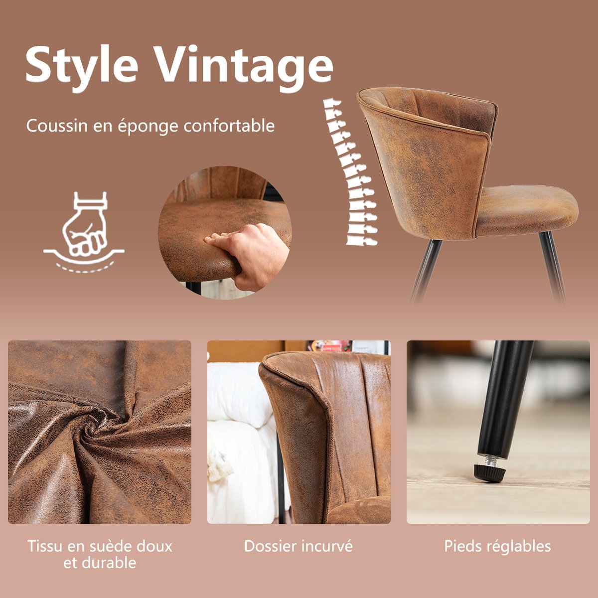 Lot de 6 chaises de salle à manger en microfibre effet suédine style vintage rétro avec structure en métal noir, DONCIC marron, MEUBLES COSY