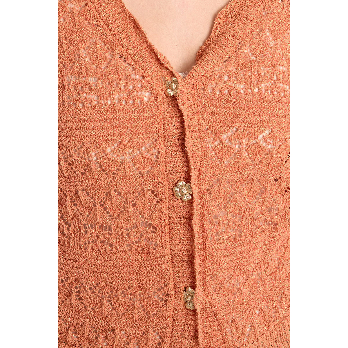 Cardigan en maille ajourée, col V apricot, MOLLY BRACKEN