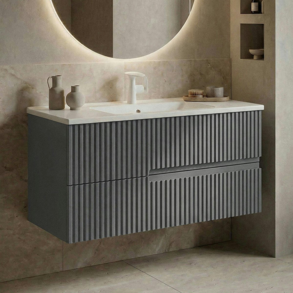 Meuble vasque 2 tiroirs rainurés 90 cm RIVIA gris, PIER IMPORT