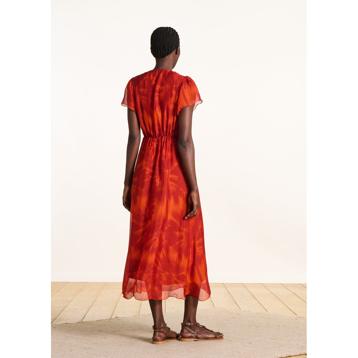 Robe longue ajustée en voile à imprimé floral orange, LA FEE MARABOUTEE