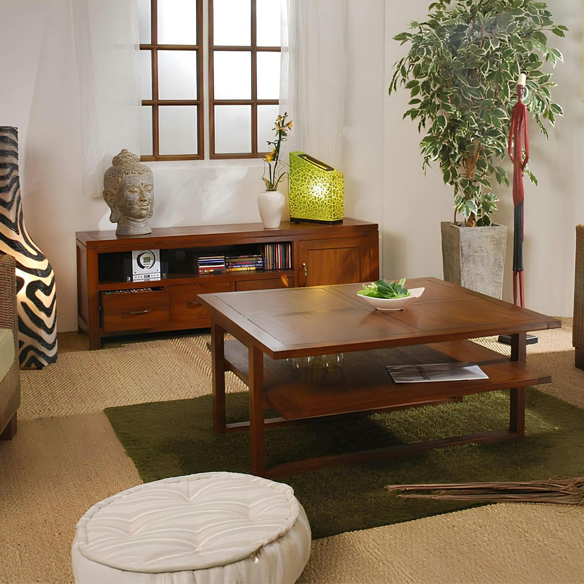 Meuble TV 140cm bois exotique verni 1 porte 3 tiroirs 1 niche LOLA bois naturel, PIER IMPORT