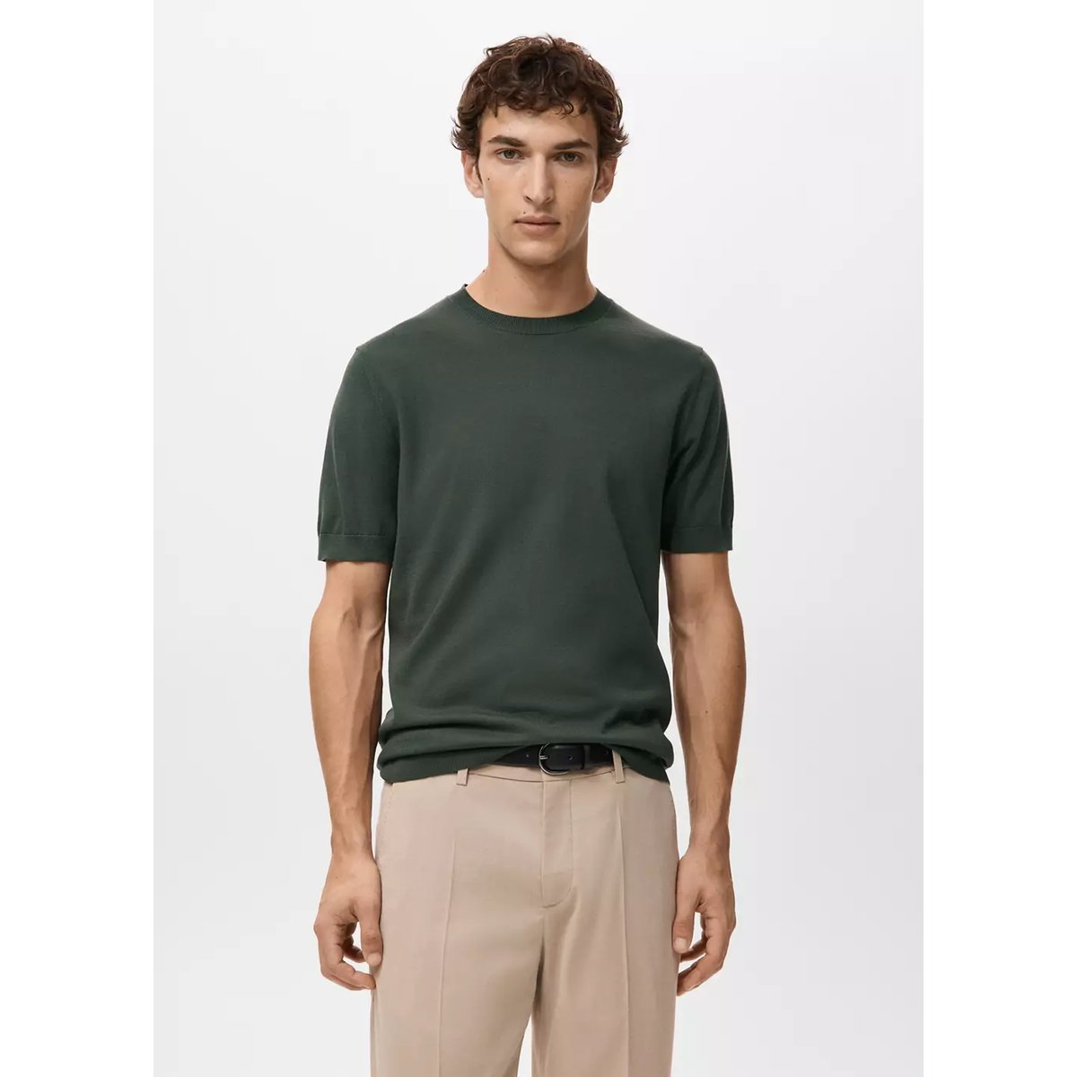 T-shirt maille fine 100 % coton kaki, MANGO MAN