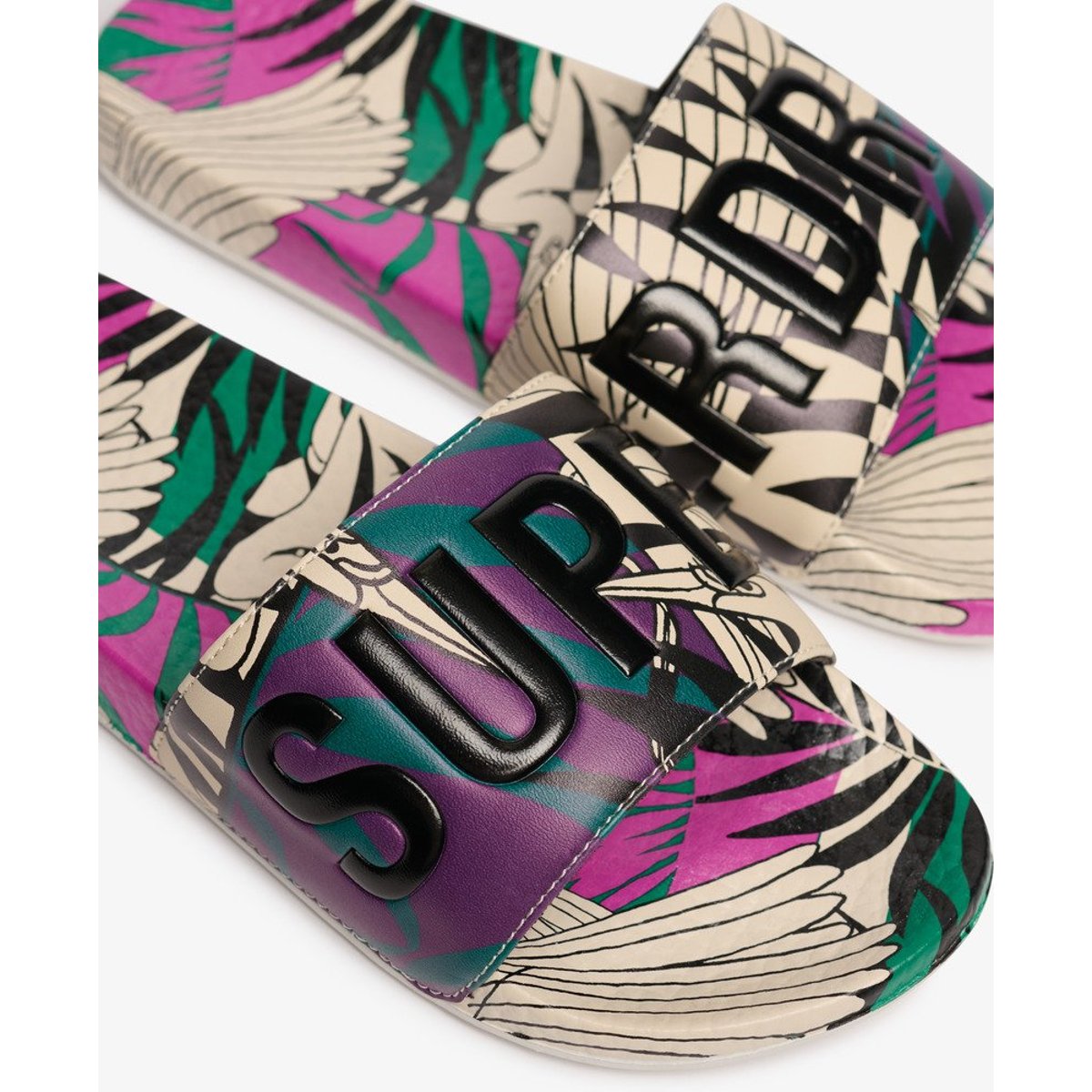 Claquettes de Piscine à Imprimé Intégral crème oiseaux optiques, SUPERDRY