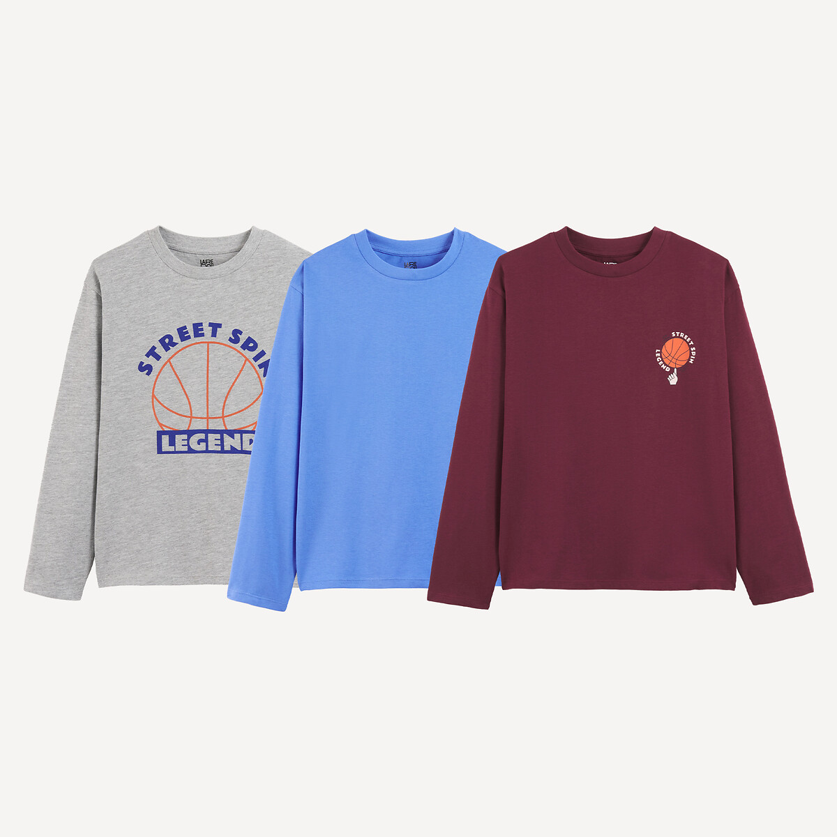 Set van 3 bedrukte T-shirts met lange mouwen blauw + bordeaux, LA REDOUTE COLLECTIONS