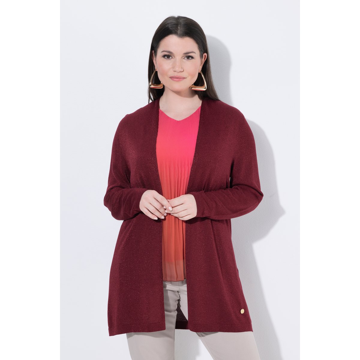 Cardigan long avec effet scintillant rouge vin, ULLA POPKEN