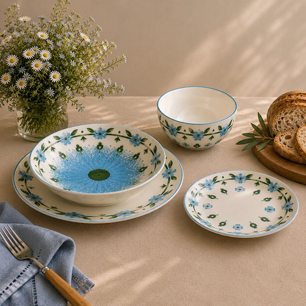 Lot de 6 assiettes plates 27cm en porcelaine, PRIMAVERA blanc et bleu, NOVASTYL