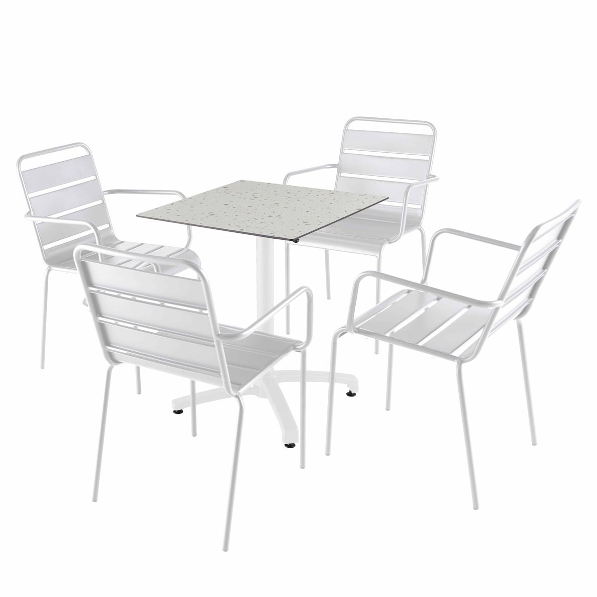 Table 60x60 cm inclinable stratifiée avec pied blanc et chaises en métal, OPERA blanc, OVIALA