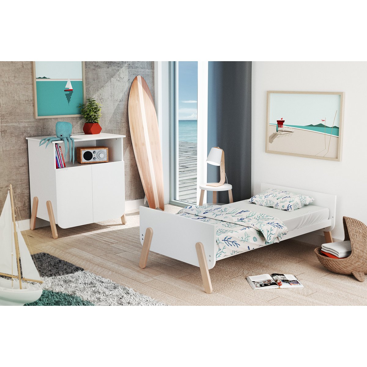 Lit bébé évolutif en bois PIRATE blanc et hêtre verni, AT4