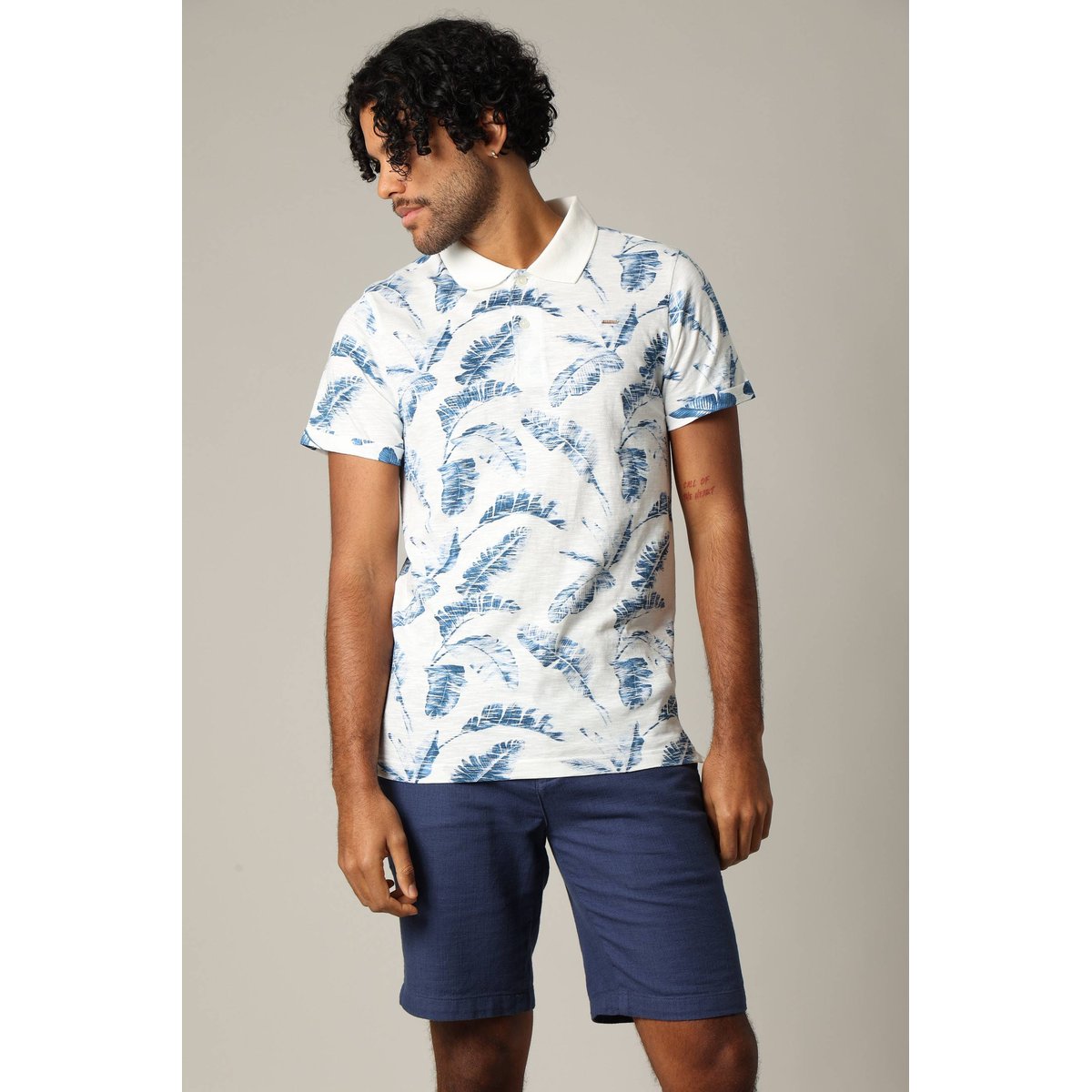 Polo homme dennis en coton avec imprimé feuilles DENNIS cobalt, DEELUXE
