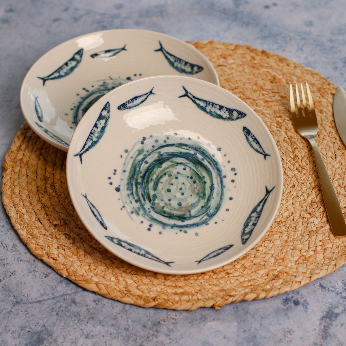 Lot de 6 assiettes creuses en faïence 21,5cm, SARDINE blanc-bleu, NOVASTYL