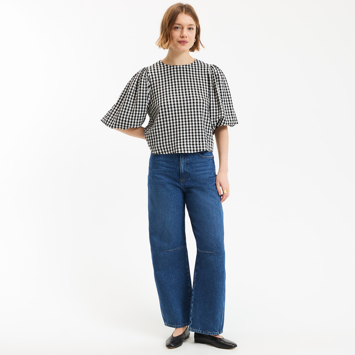 Blouse col rond, à carreaux, manches courtes ballon vichy noir blanc, LA REDOUTE COLLECTIONS