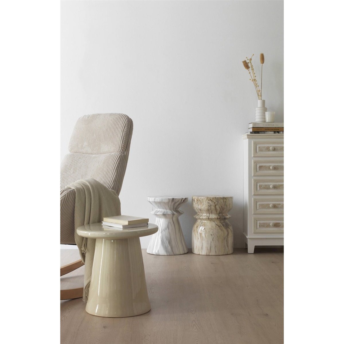 Tabouret rond en céramique marron crème effet marbré, RECOLLECTION