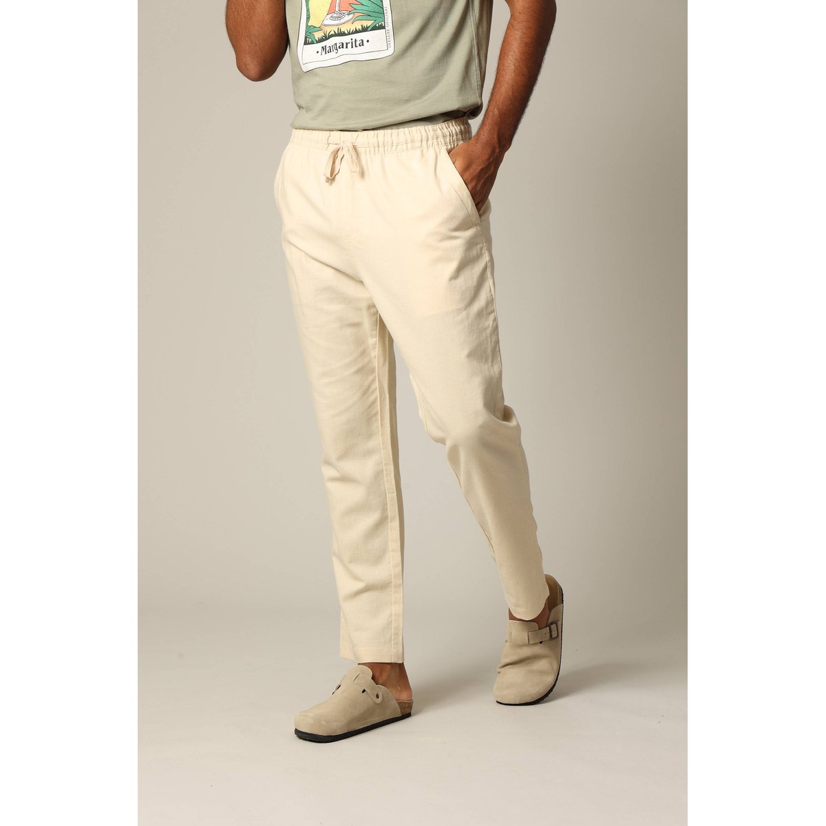 Pantalon en coton et lin avec taille élastiquée et cordon GLADES savane, DEELUXE