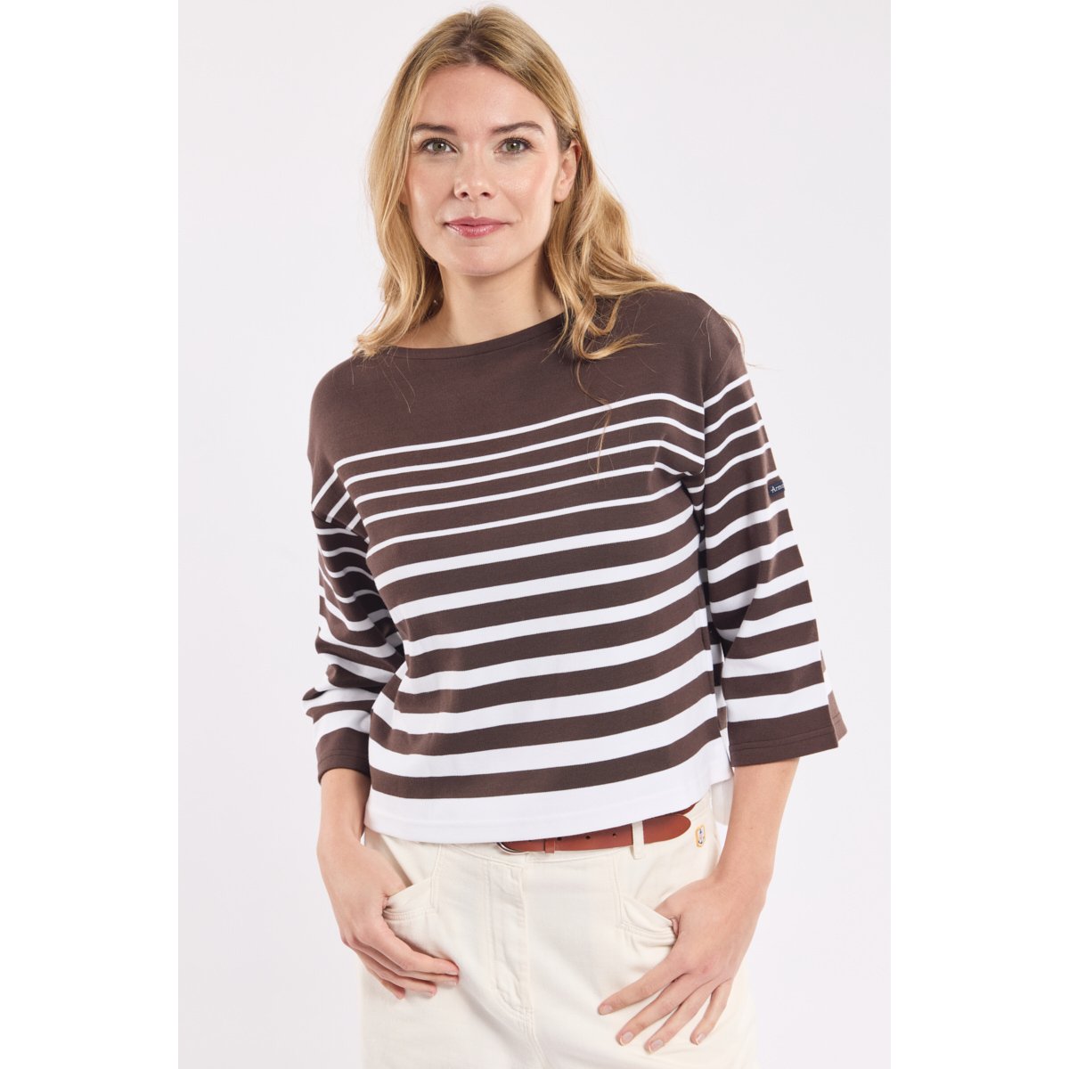 Marinière manches 3/4 en coton brown/blanc, ARMOR-LUX