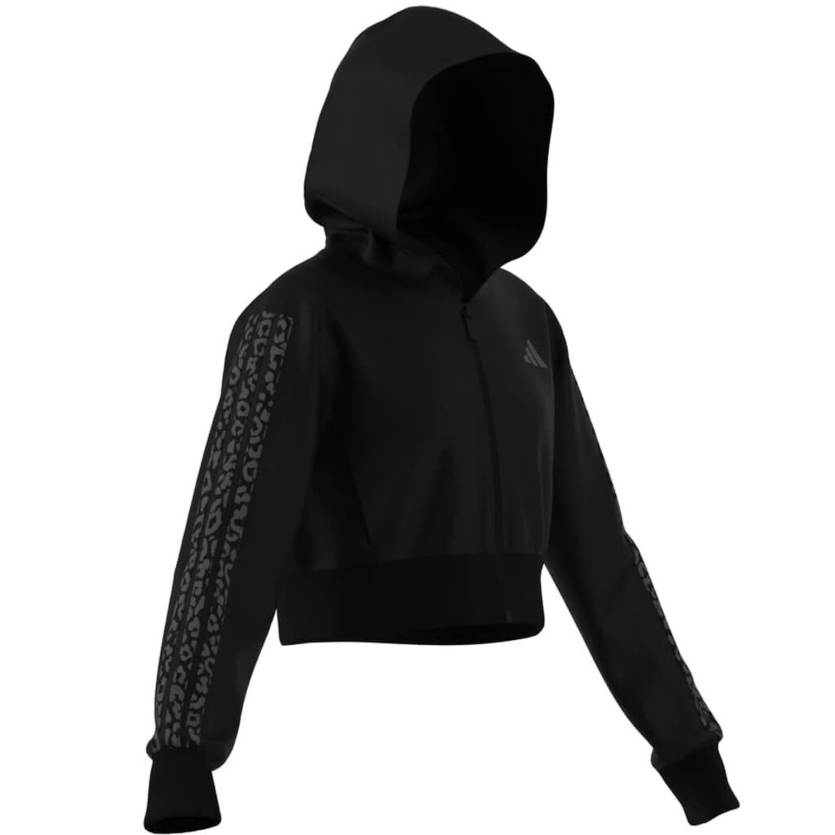 Sudadera de forro polar con capucha, cremallera y estampado de leopardo negro, ADIDAS SPORTSWEAR