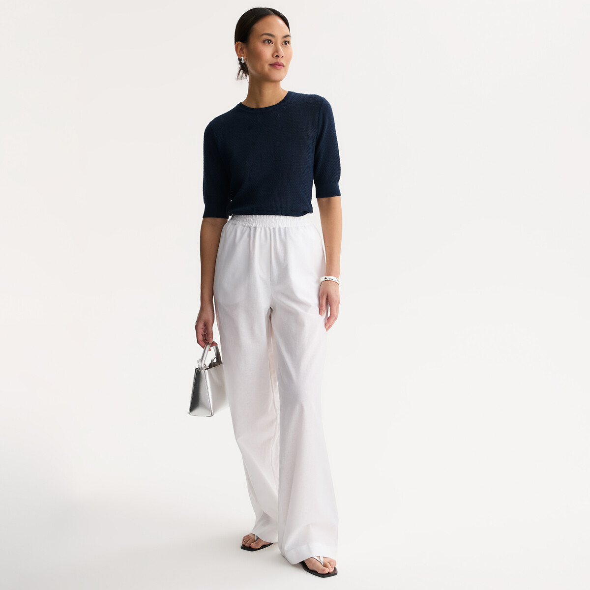 Pantaloni a gamba larga in lino e cotone con elastico in vita bianco, ANNE WEYBURN