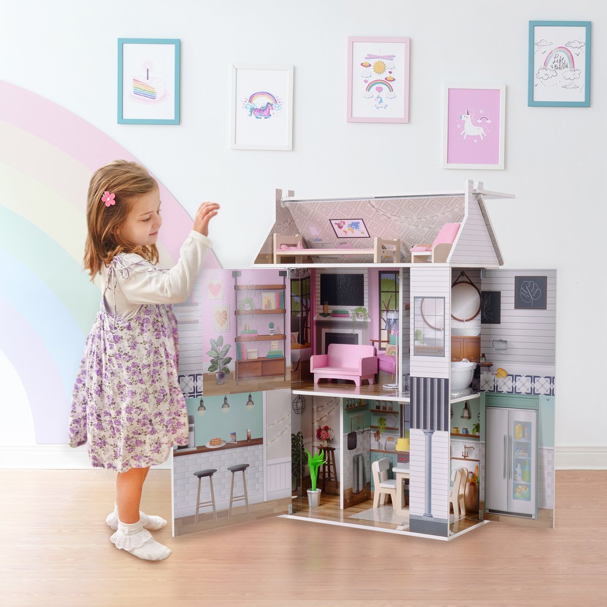 Maison Poupée Bois Enfant Farmhouse DREAMLAND blanche, TEAMSON KIDS
