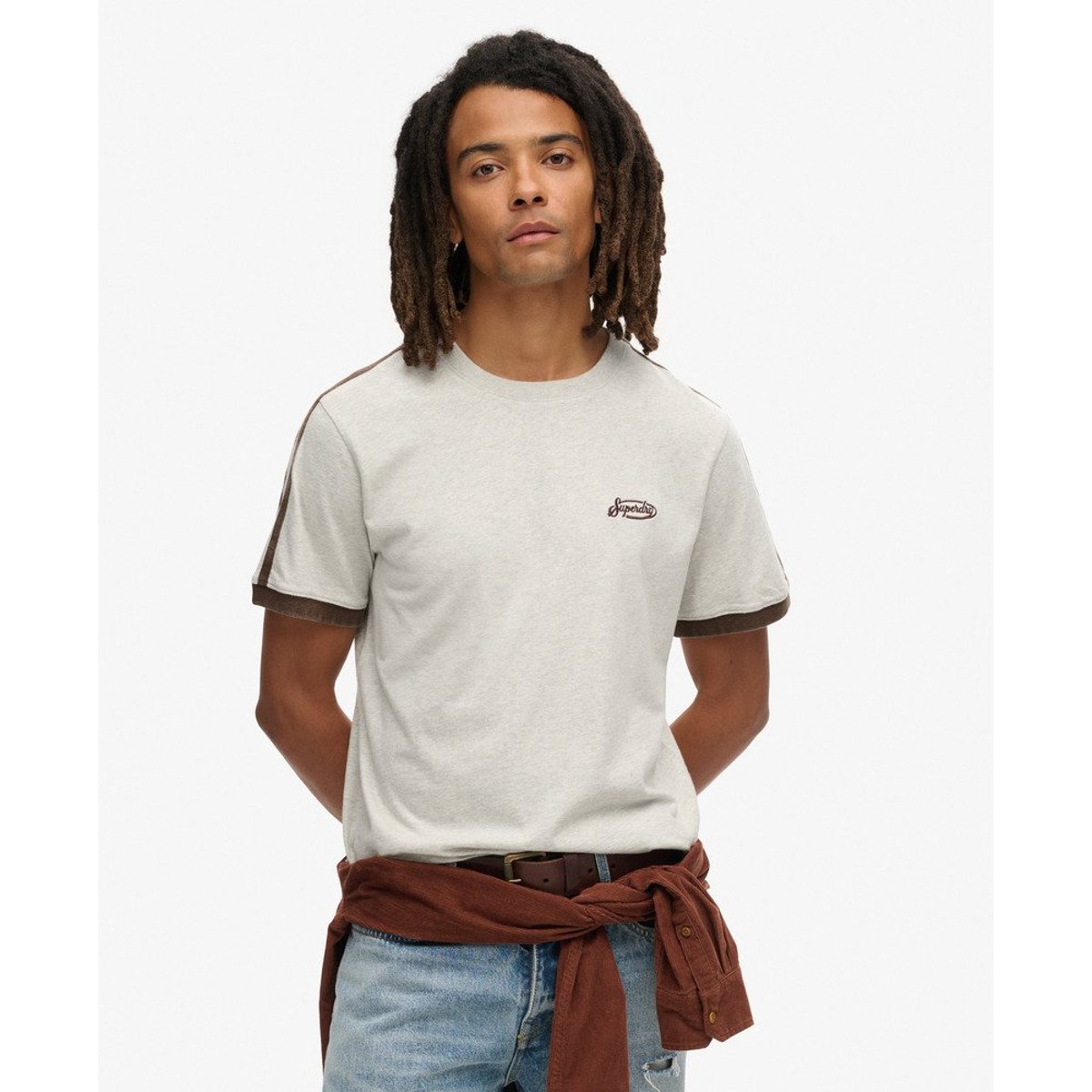 T-shirt rétro à rayures et logo Essential gris éclair moucheté, SUPERDRY