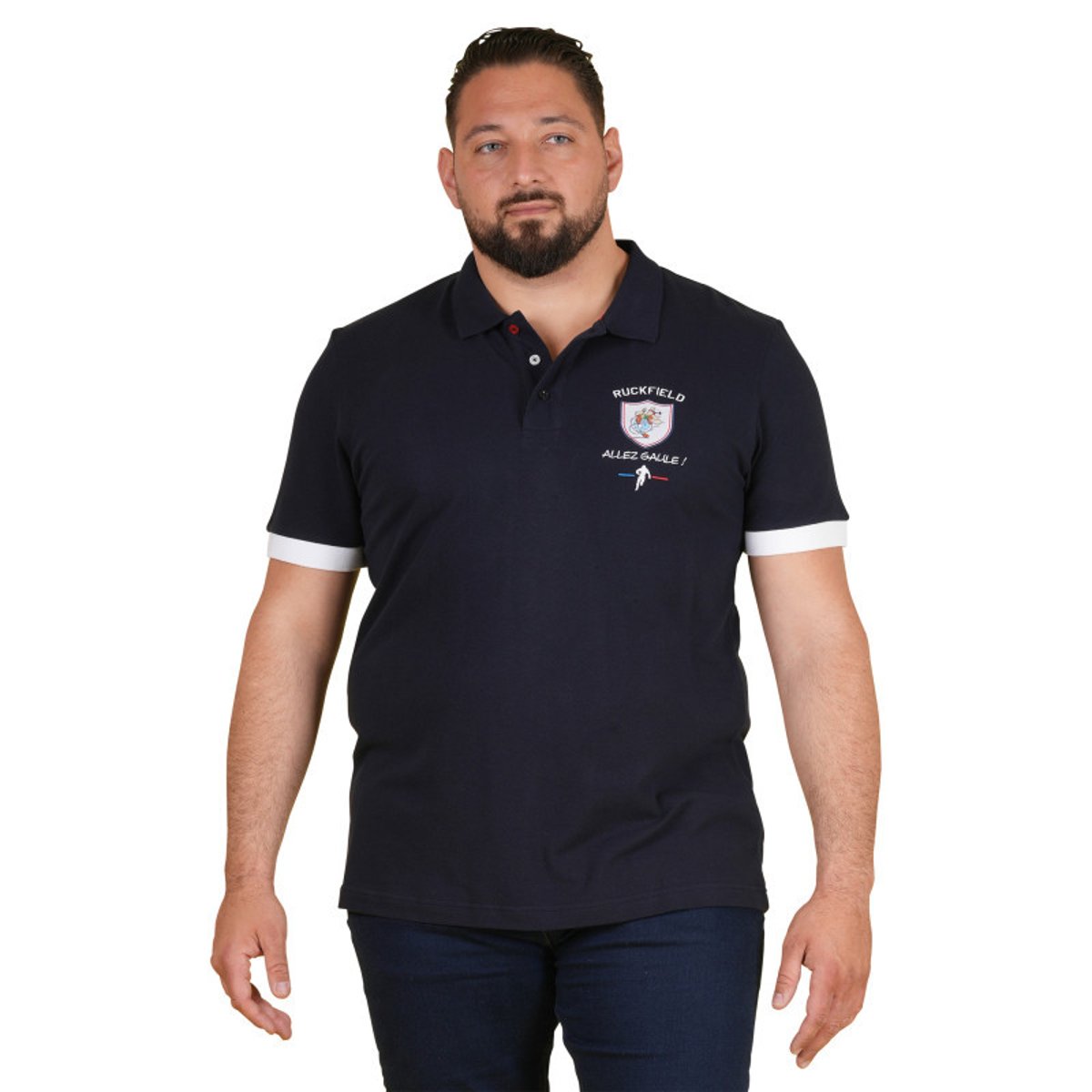 Polo en coton marine uni pourvu d'un écusson brodé et d'une coupe droite bleu foncé, RUCKFIELD