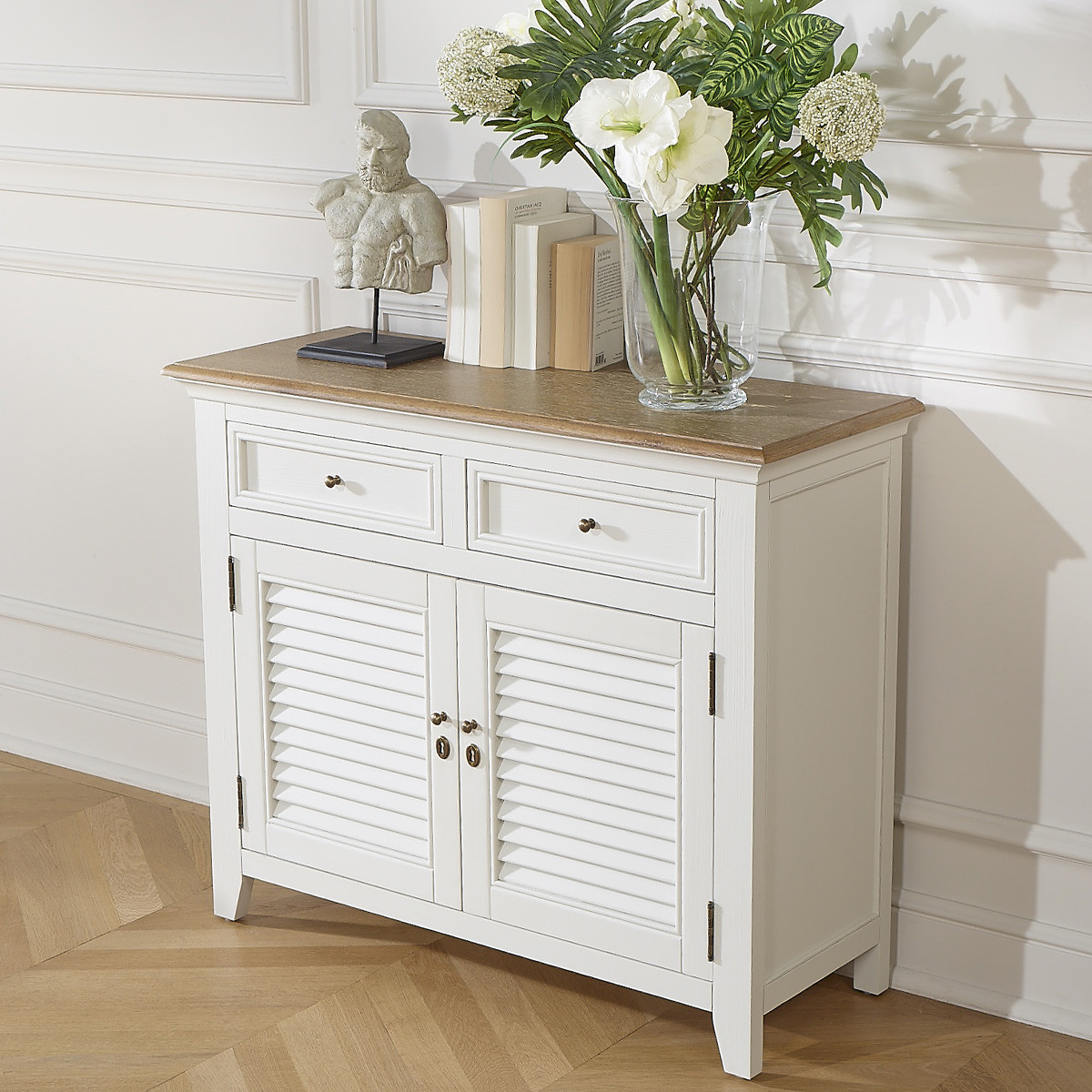 Buffet style shabby chic, plateau en chêne, 2 tiroirs, 2 portes EDEN blanc, ROBIN DES BOIS
