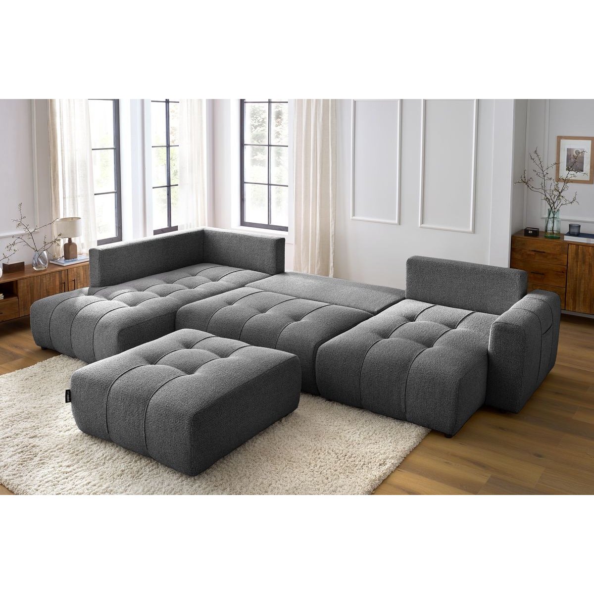 Canapé panoramique convertible 6 places en tissu chiné avec pouf, ARSENE gris foncé, BOBOCHIC