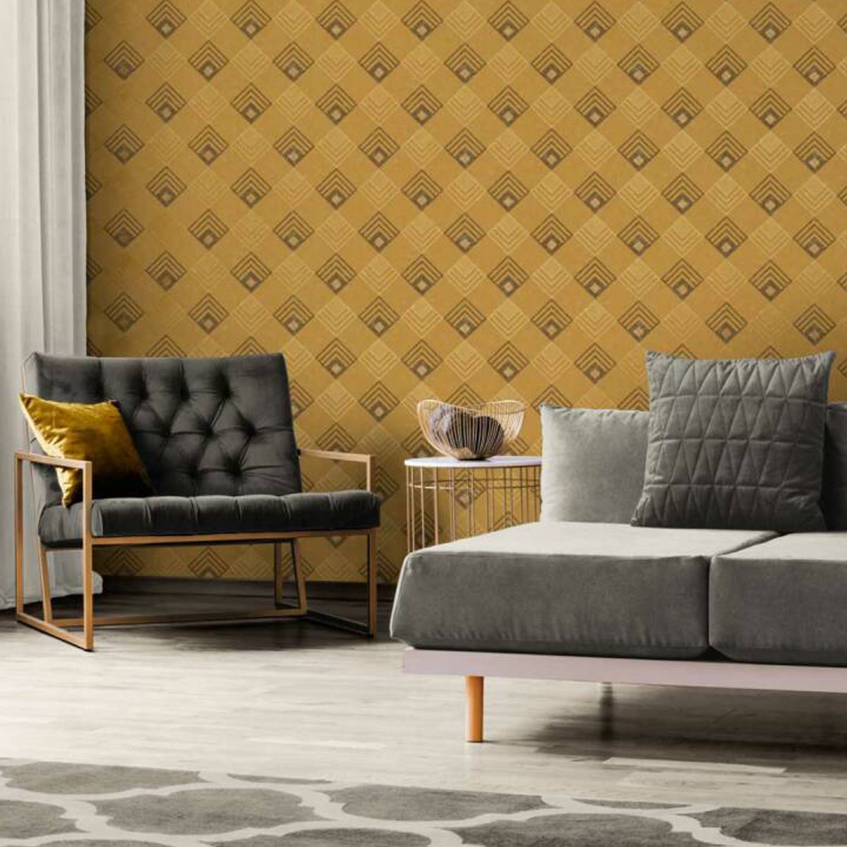 Papier peint art déco carré jaune moutarde, HOME MAISON