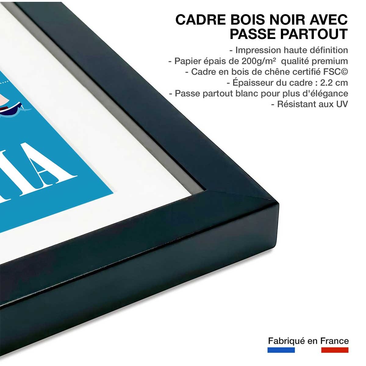 Poster de les iles de croatie affiche + cadre en bois - noir, HEXOA
