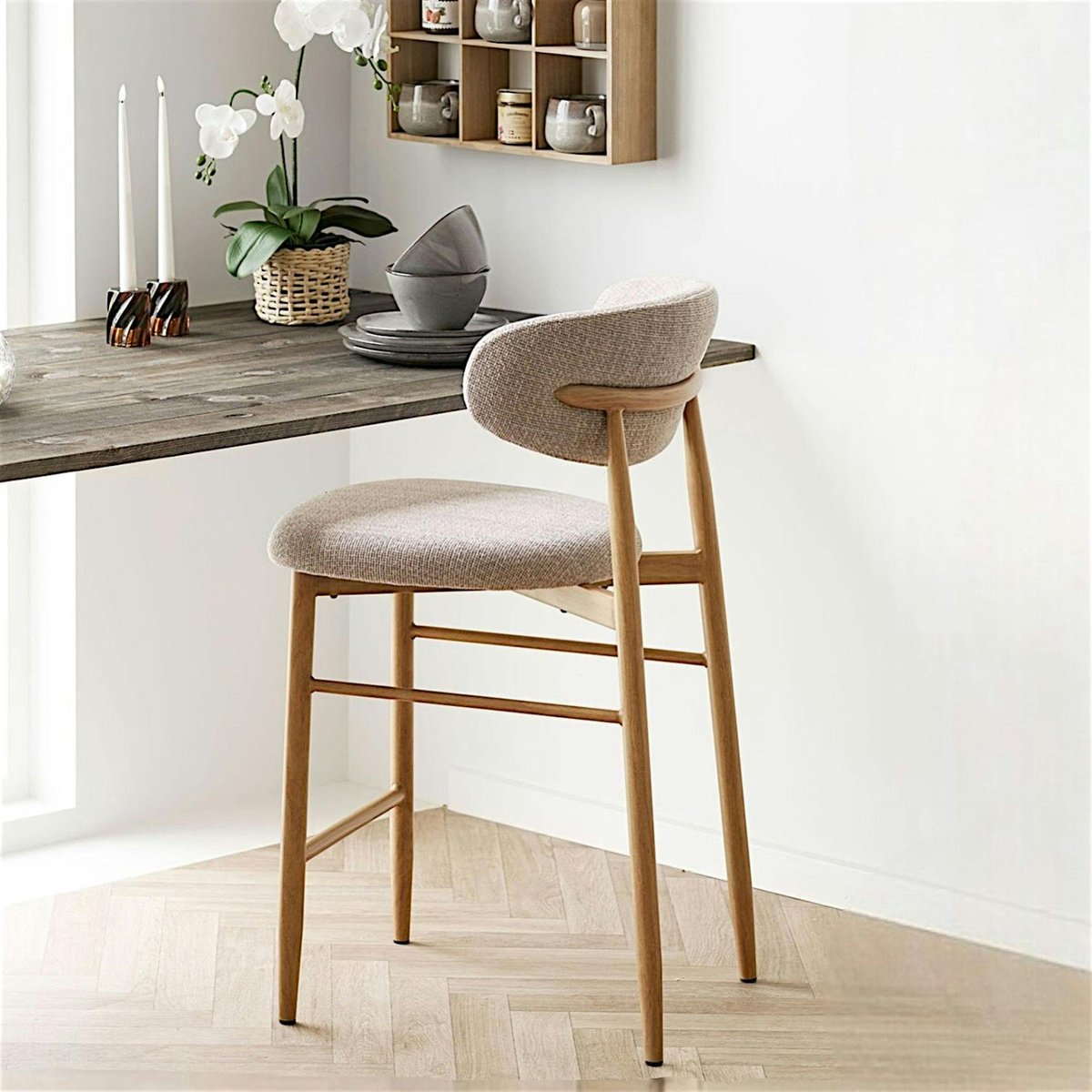 Chaise de bar bois et tissu avec repose-pied (lot de 2) AMSTERDAM bois clair, PIER IMPORT