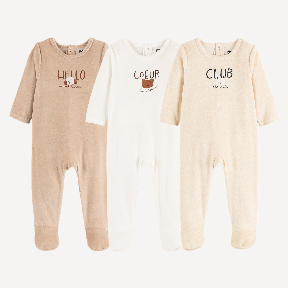 Pack of 3 Slogan/Animal Print Velour Sleepsuits assorted, LA REDOUTE COLLECTIONS