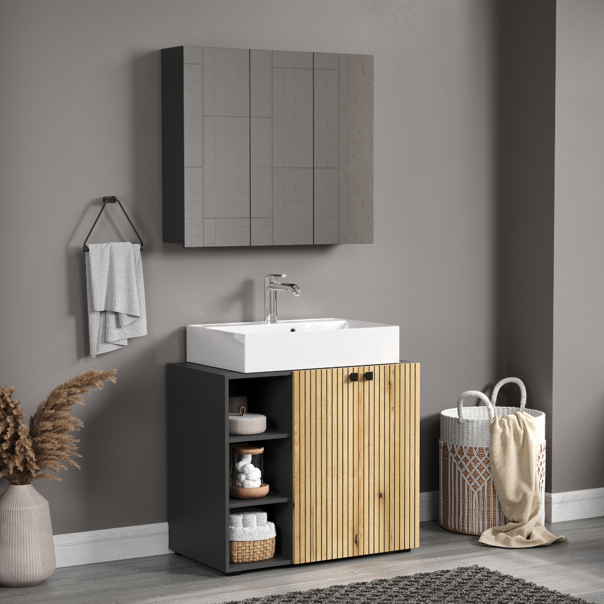 Armoire de toilette 3 portes miroir L90 cm - PUREBLISS gris anthracite, CALICOSY