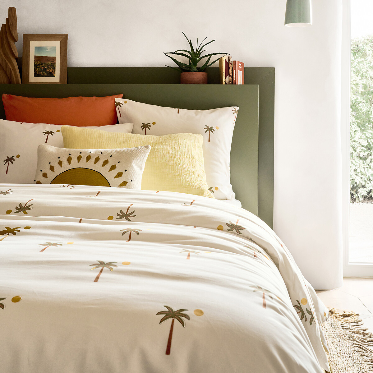 Parure de lit 30% coton recyclé, taie carrée, imprimé palmiers, PARADELA imprimé palmiers, LA REDOUTE INTERIEURS