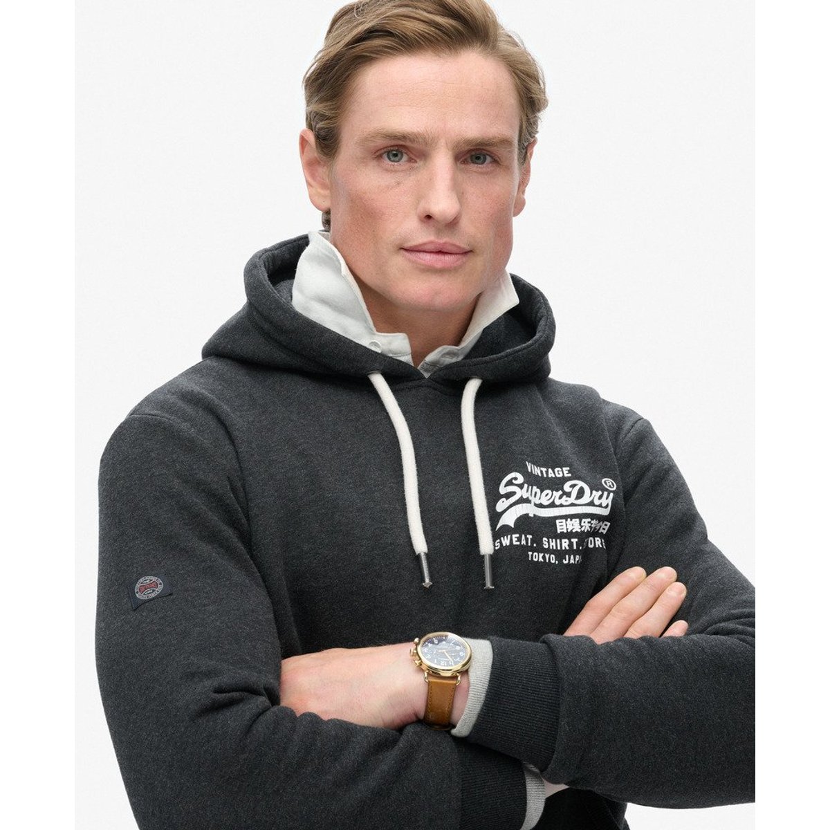 Sweat à capuche classique Vintage Logo noir phantom chiné, SUPERDRY