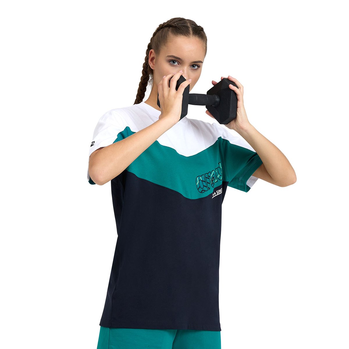 T-shirt unisexe en coton Colour Block white-green lake-kikko pro navy, ARENA