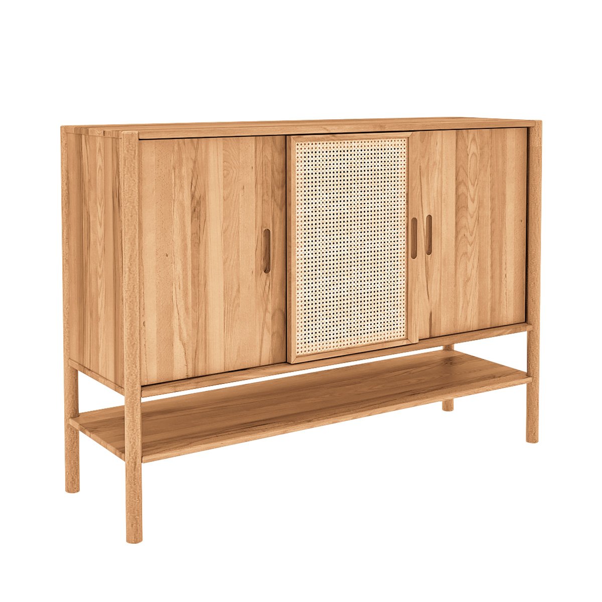 Buffet 142 cm 3 portes - Bois massif hêtre et rotin - SOGNO naturel, MAISON AUBERTIN