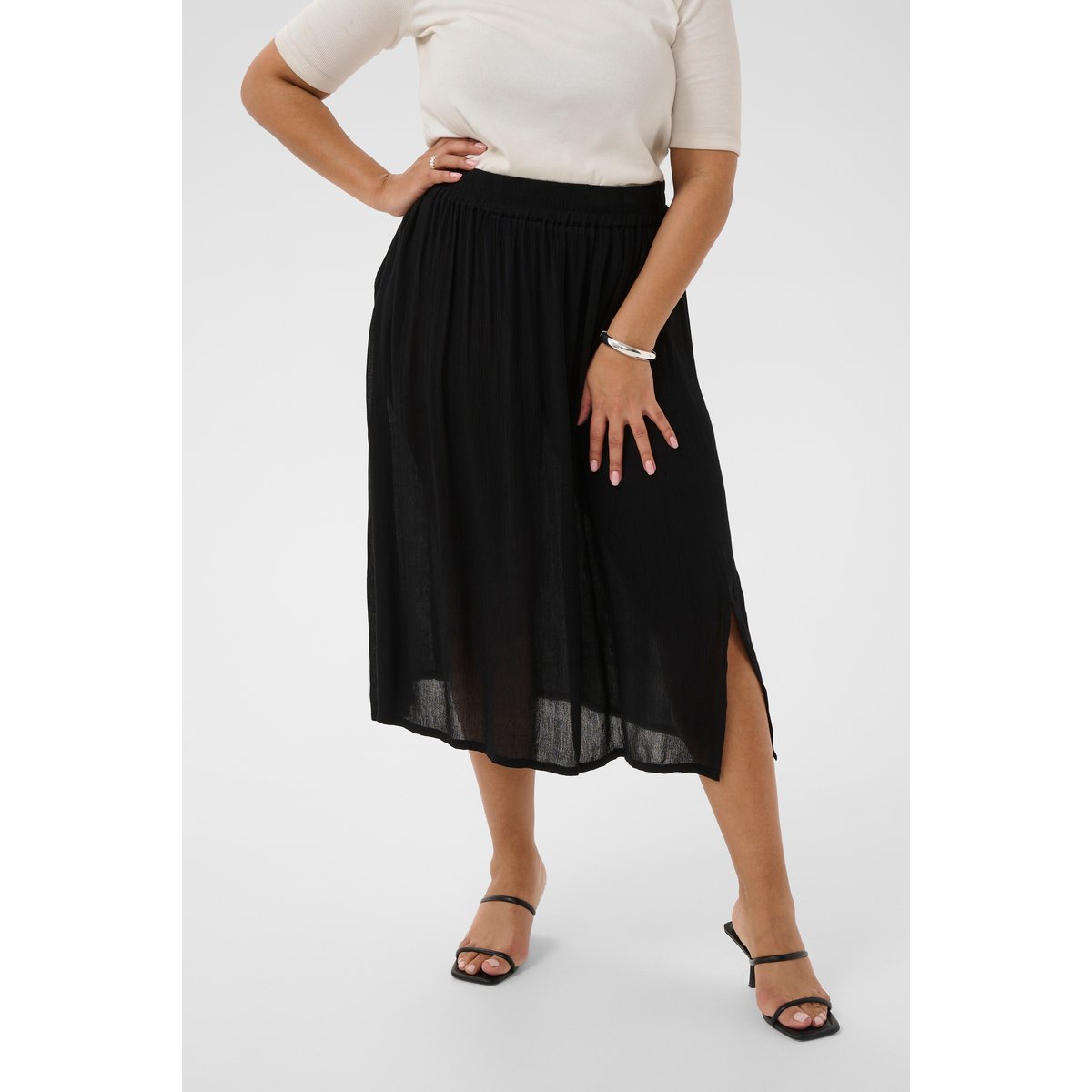 Jupe midi, taille elastiquée noir, KAFFE CURVE