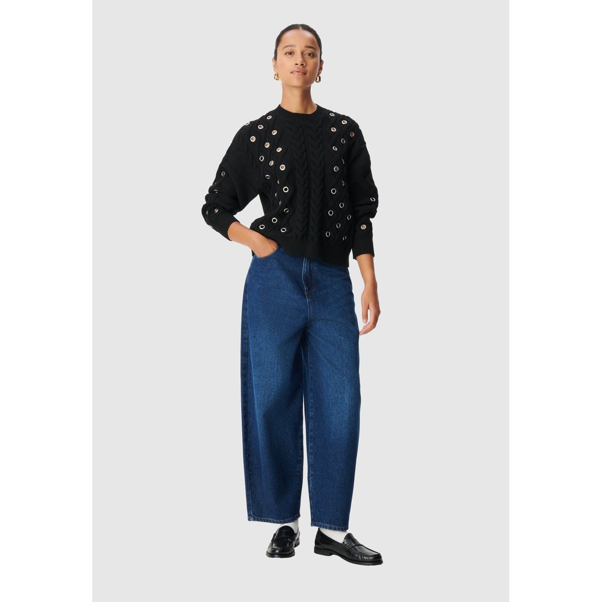 Pull tricot torsades et décor oeillets noir, IKKS