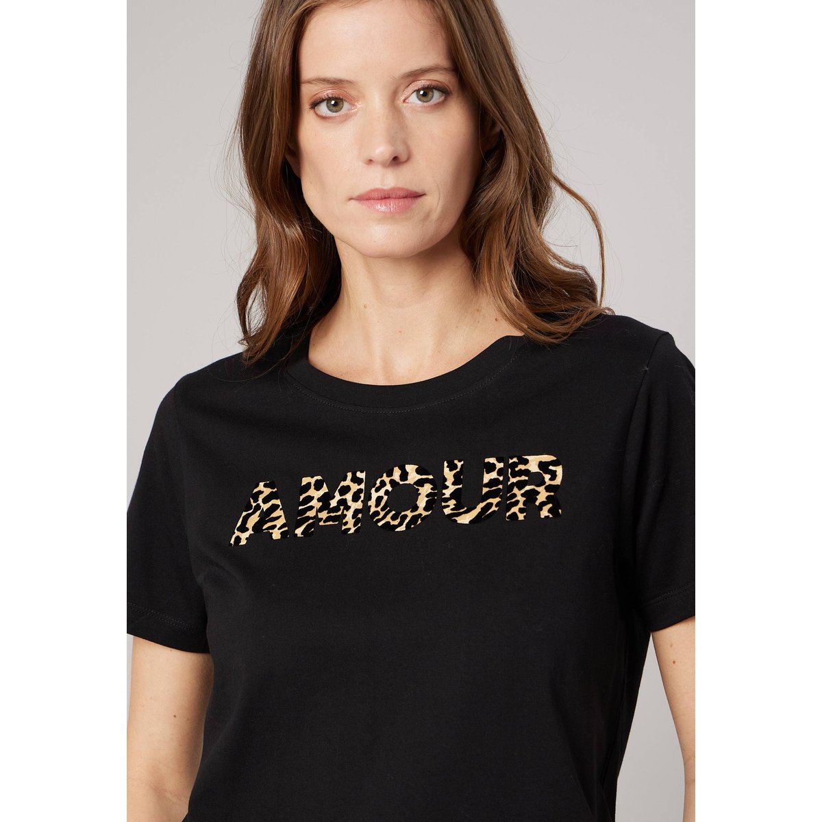 T-shirt regular femme en 100% coton inscription amour en léopard LYANA noir, DEELUXE