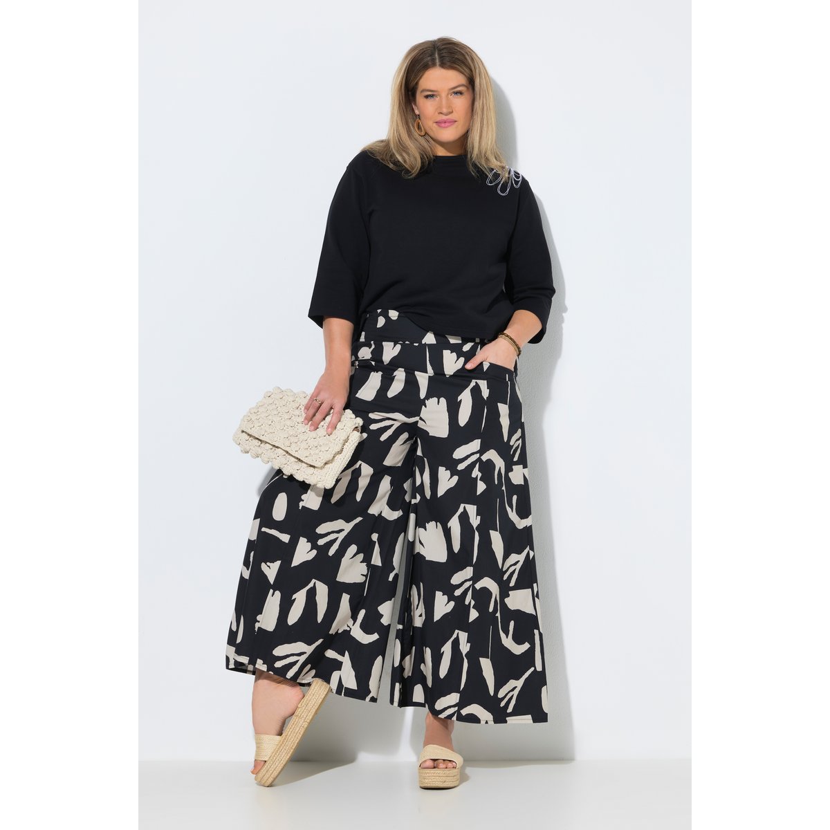 Jupe-culotte, fleurs, jambe large noir, ULLA POPKEN