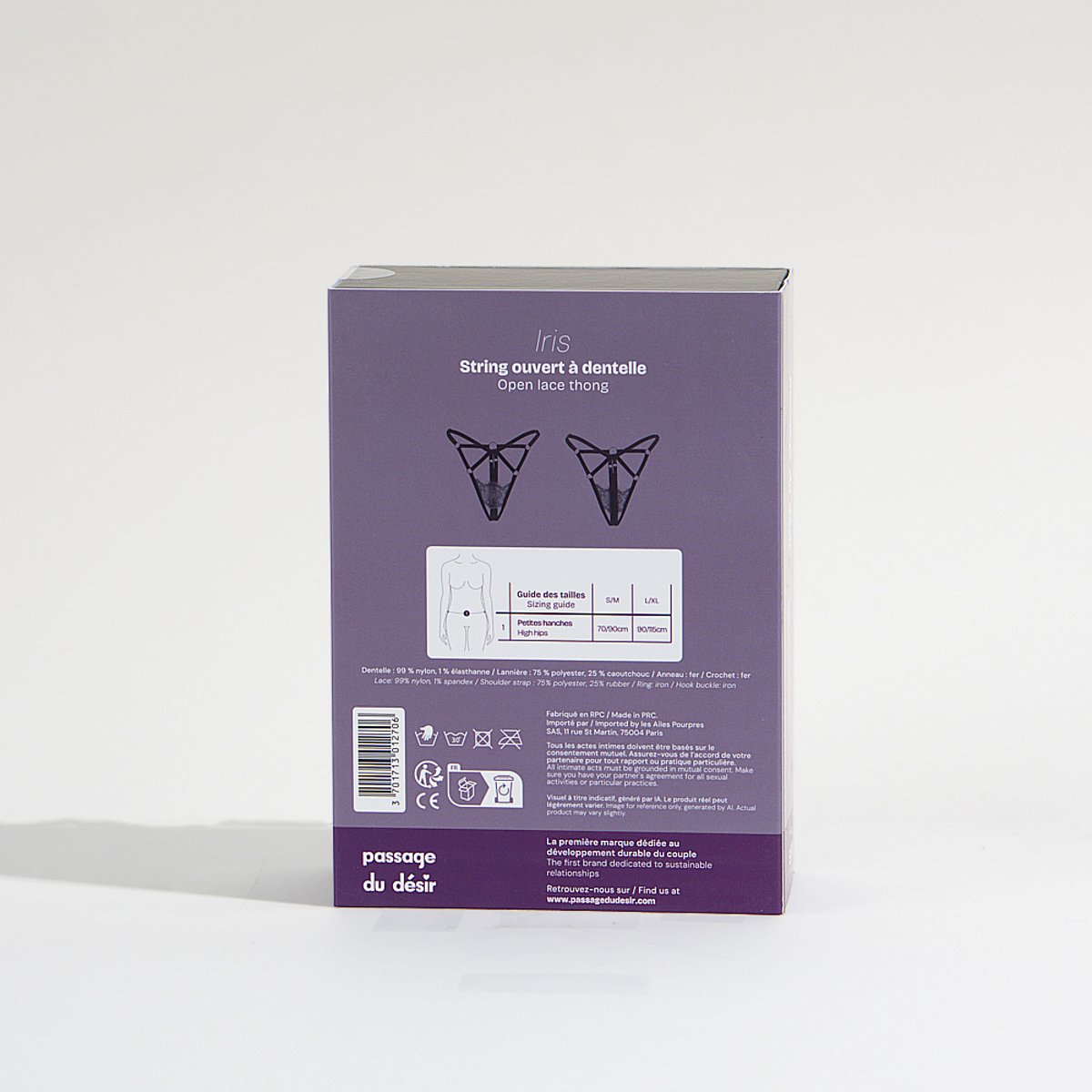 String ouvert à dentelle Iris noir, PASSAGE DU DESIR LINGERIE
