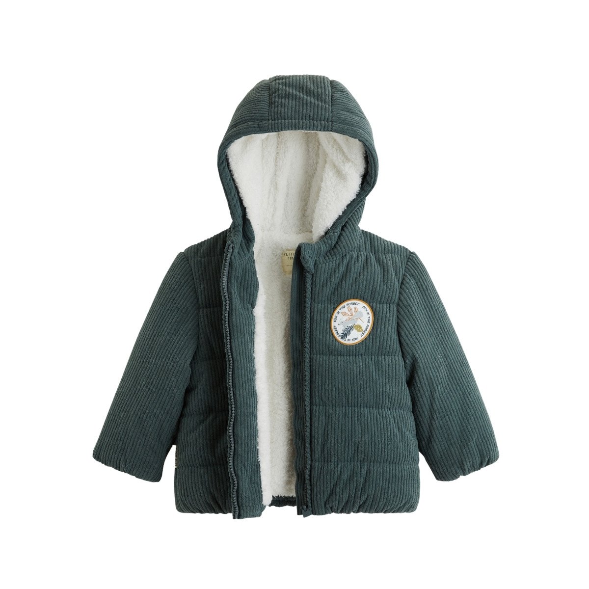 Doudoune bébé en velours côtelé doublée sherpa avec capuche Elliott vert, PETIT BEGUIN