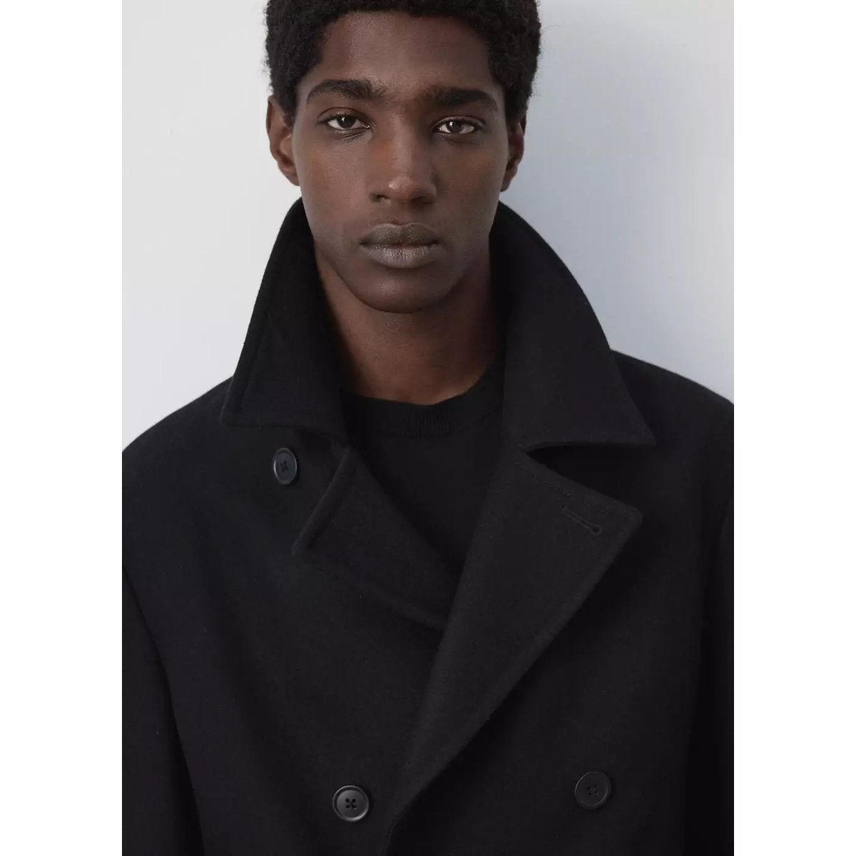 Manteau laine croisé boutons noir, MANGO MAN