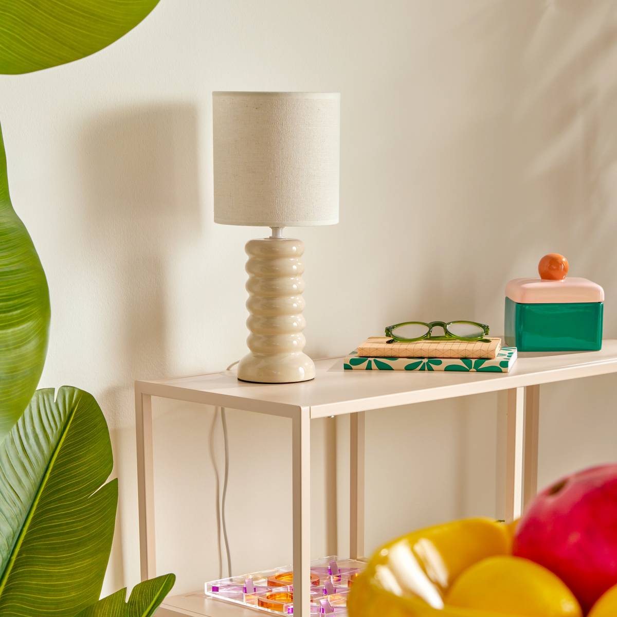 Lampe à poser en grès abat-jour en lin VINAS beige, ATMOSPHERA