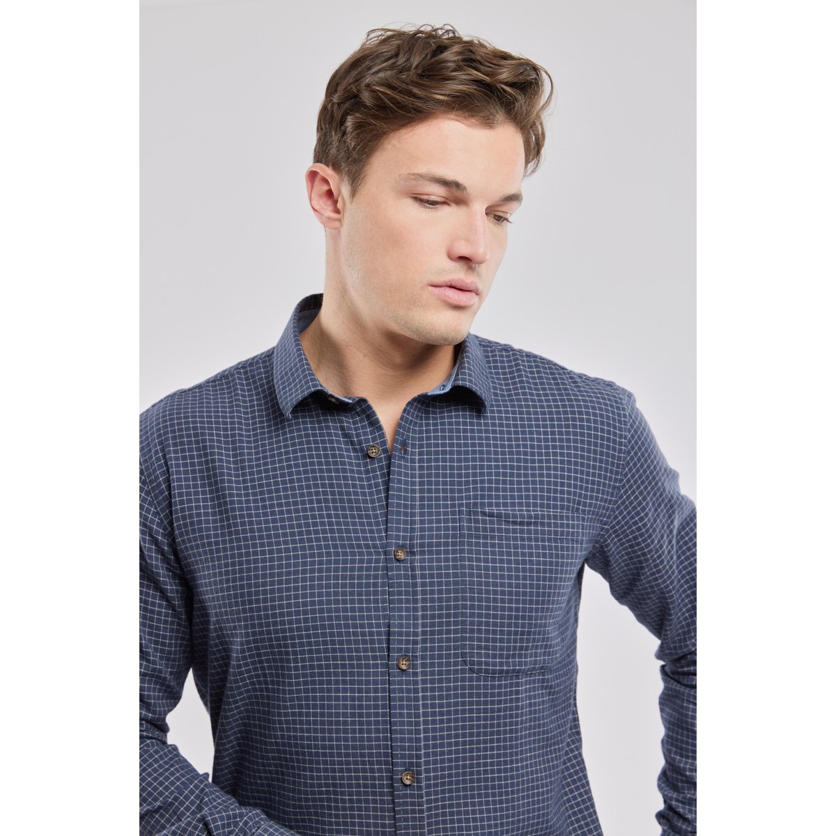 Chemise manches longues droite col souple carreaux bleu jean, ARMOR-LUX