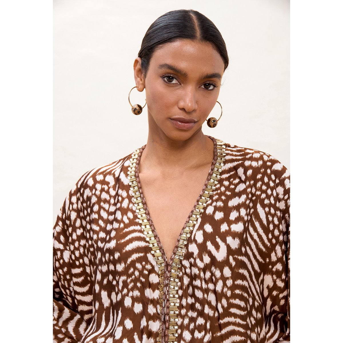 Robe longue style kaftan imprimé animal marron, LOLA CASADEMUNT