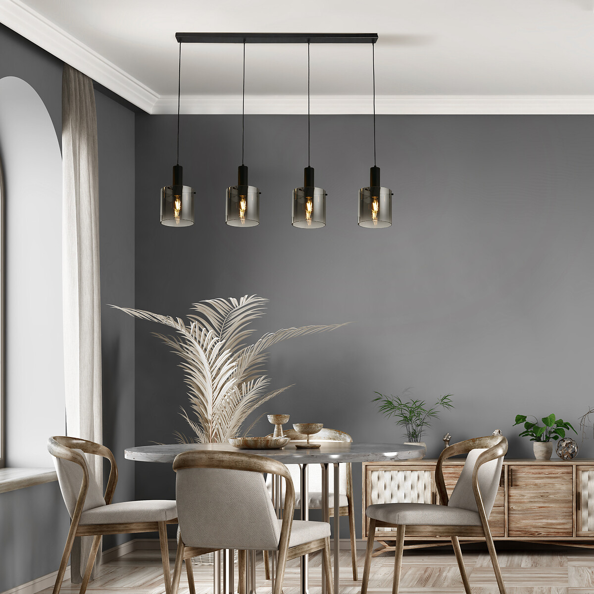 Soka 4-Light Metal and Glass Pendant Light in Smoked Ombre black, SO'HOME
