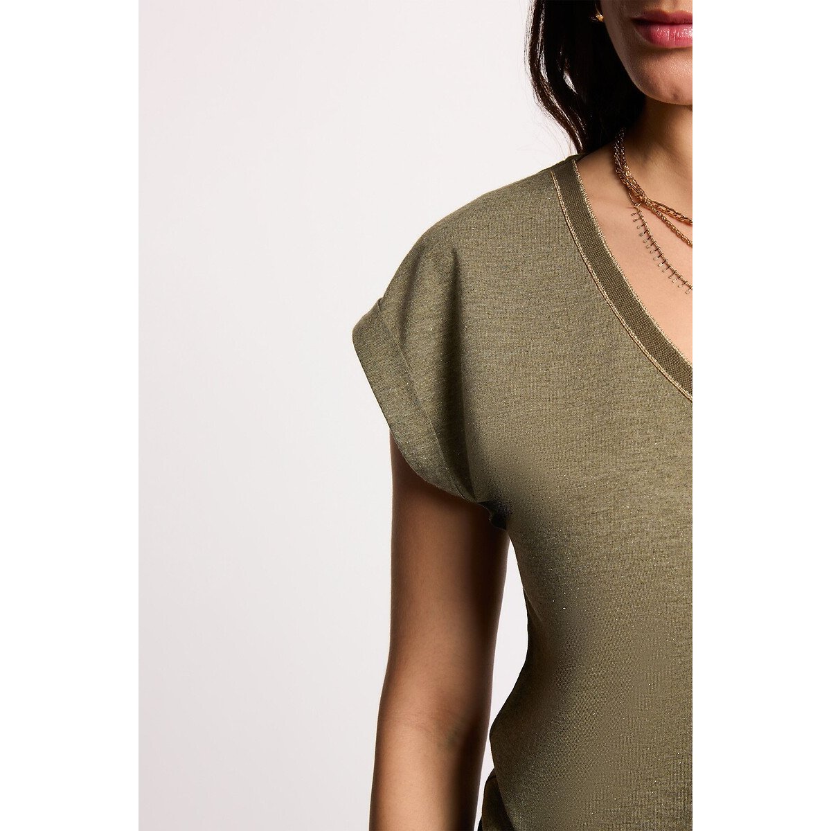 T-shirt col V manches courtes vert kaki, MORGAN