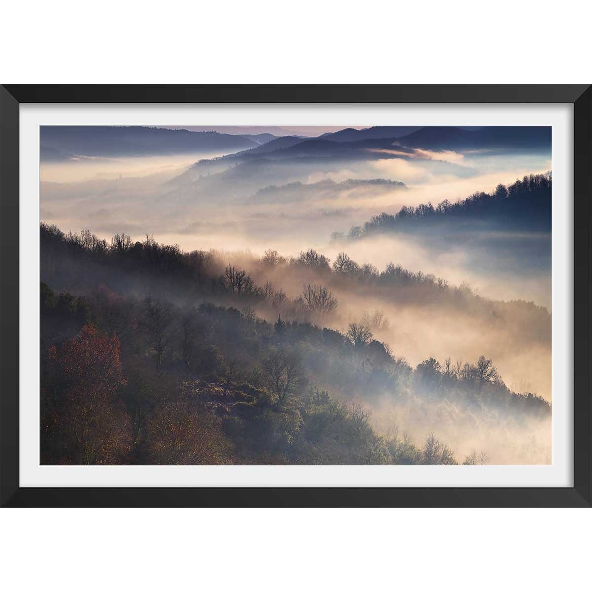 Affiche paysage brume magique affiche + cadre en bois - noir, HEXOA